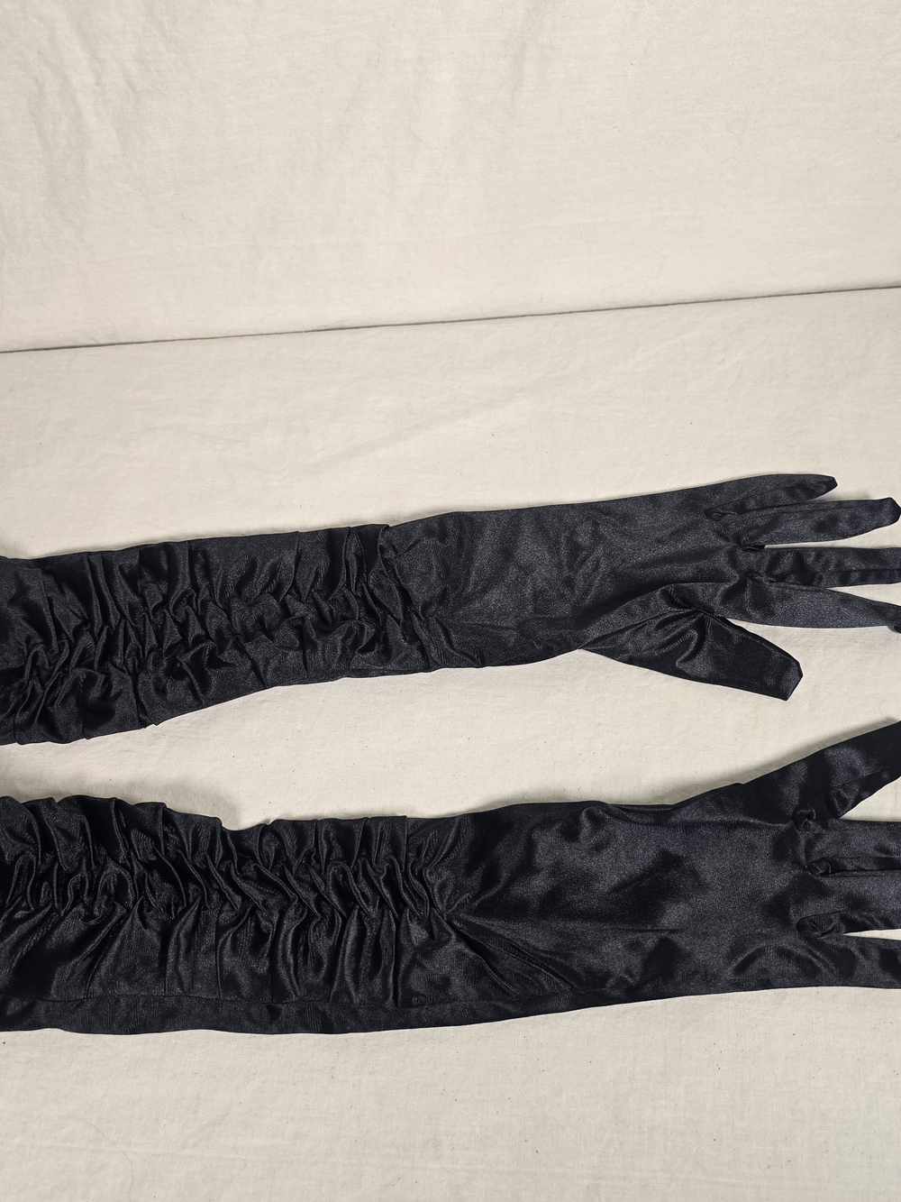 Black Satin Opera Gloves Long Ruched Coquette Formal Evening Costume 18”